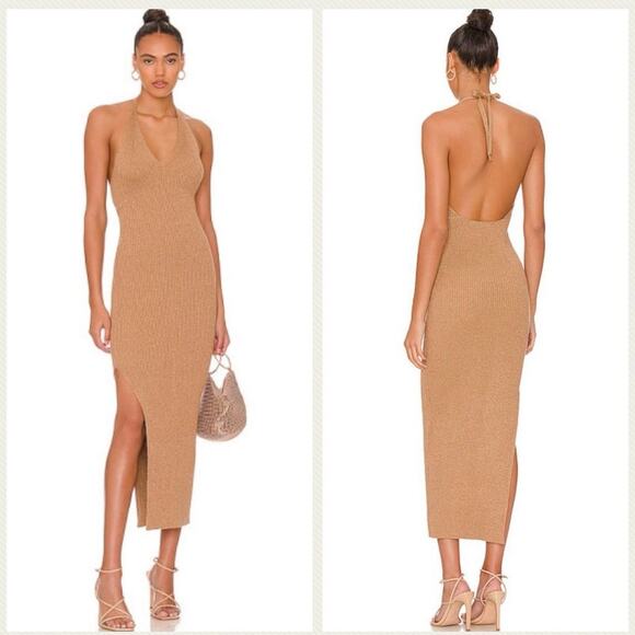 ALLSAINTS Lexi Halter Ribbed Knit Dress in Praline Metallic Size L - Picture 10 of 10